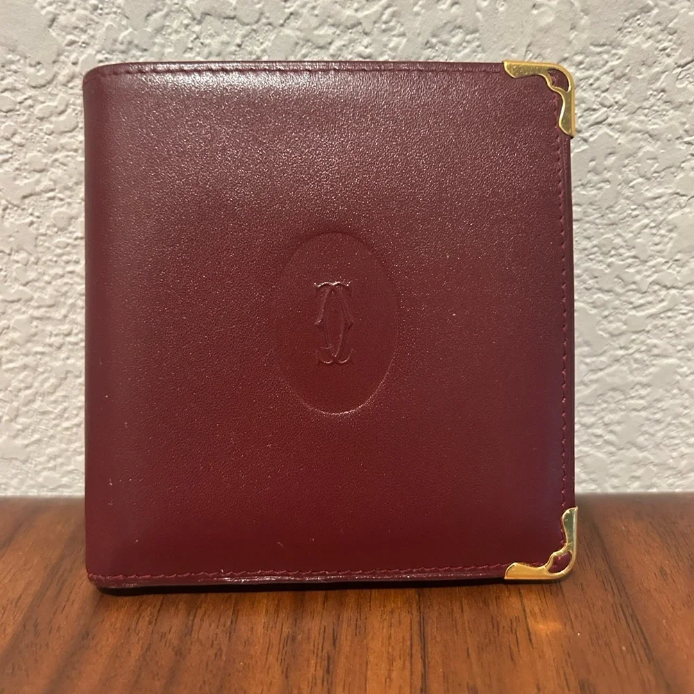 Cartier Burgundy Leather Wallet with Gold Corner Accents